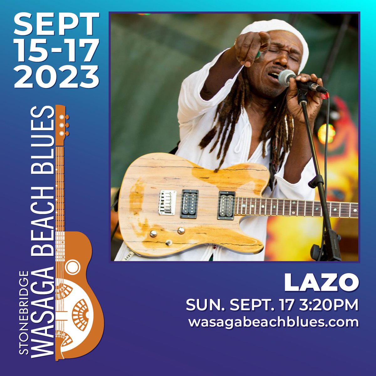 So much GREAT music! Stonebridge Wasaga Beach Blues 2023 is going to be fantastic, with performers like Lazo, on stage Sunday, Sept. 17 at 3:20pm.  Check out the lineup online, save the date and buy your tickets today.
wasagabeachblues.com/festival-ticke…
#wasagabeachblues #lazo
