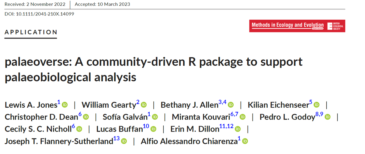 AAlechiarenza's tweet image. Great to see @ThePalaeoverse paper out in @MethodsEcolEvol doi.org/10.1111/2041-2… This #Rstats package aims to make data cleaning &amp;amp; processing more streamlined &amp;amp; easily reproducible for paleobiologists. Thanks to a great team of coauthors &amp;amp; to @LewisAlanJones for leading 1/4🧶👇