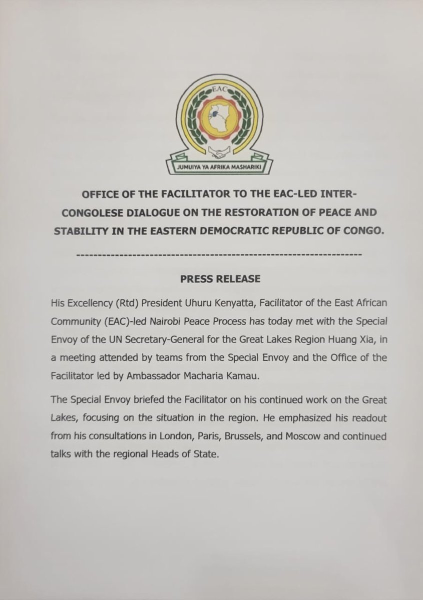 4thPresidentKE's tweet photo. PRESS RELEASE
Thursday, April 13, 2023:

OFFICE OF THE FACILITATOR TO THE EAC-LED INTER- CONGOLESE DIALOGUE ON THE RESTORATION OF PEACE AND STABILITY IN THE EASTERN DEMOCRATIC REPUBLIC OF CONGO. https://t.co/Z81YC47tK8