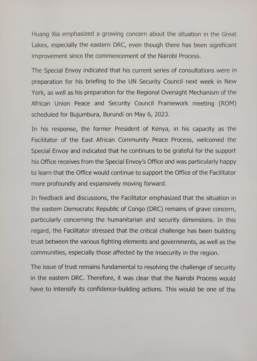 4thPresidentKE's tweet photo. PRESS RELEASE
Thursday, April 13, 2023:

OFFICE OF THE FACILITATOR TO THE EAC-LED INTER- CONGOLESE DIALOGUE ON THE RESTORATION OF PEACE AND STABILITY IN THE EASTERN DEMOCRATIC REPUBLIC OF CONGO. https://t.co/Z81YC47tK8