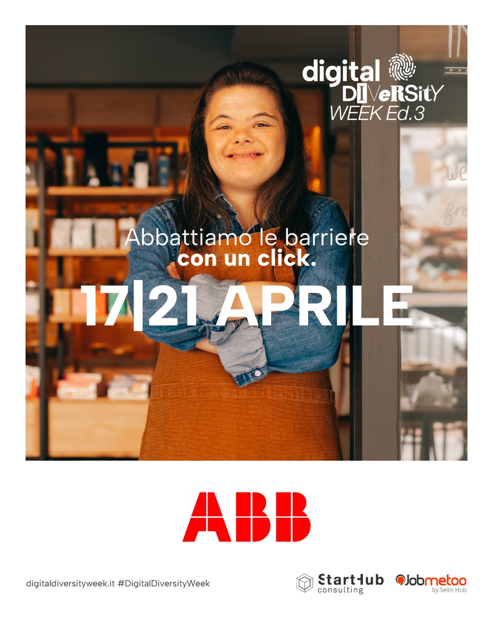 ABBItalia's tweet photo. Siamo orgogliosi di partecipare alla 3a edizione della #DigitalDiversityWeek, evento digitale di @jobmetoo, @SeltisHub e @StartHubCons che dal 17 al 21 aprile abbatte le #barriere con un click!
Scopri di più➡️https://t.co/g8FSsipZNM
#ABB #ABBSpirit #ABBCareers #lavoro #futuro https://t.co/LjZJIz9nUh