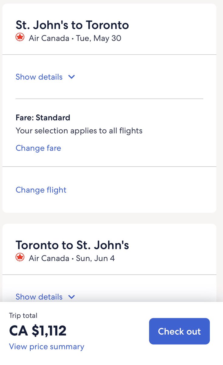 ProfHancockMUN's tweet photo. Two flights. Same dates. ~Same times. Both direct. One is an hour further, but $750 cheaper. How is this not gouging isolated islanders? @AirCanada, why? Will @FureyAndrew or @JustinTrudeau do anything? Think ppl will move here for this? #enoughisenough https://t.co/ls9oXF3gvB