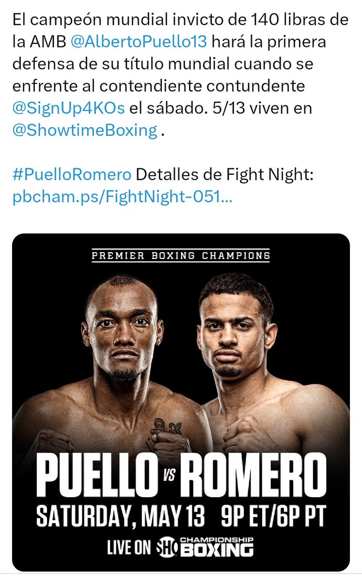 🥊 BOXEO INTERNACIONAL 🥊  
ATENCIÓN PRENSA DEPORTIVA🇩🇴: 
EL PRÓXIMO 13 DE MAYO, EL CAMPEÓN MUNDIAL DE LAS 140 LIBRAS, EL DOMINICANO 🇩🇴 ALBERTO PUELLO <a href="/AlbertoPuello13/">Alberto Puello</a> DEFENDERÁ SU TÍTULO 🏆 ANTE ROLLY ROMERO. 
<a href="/JLMendoza_/">José Luis Mendoza</a>
<a href="/hgomez27/">Héctor Gómez</a>  <a href="/Elreydelaradio/">FRANKLIN MIRABAL</a> <a href="/DiarioLibre/">Diario Libre</a> <a href="/ListinDiario/">LISTÍN DIARIO</a>