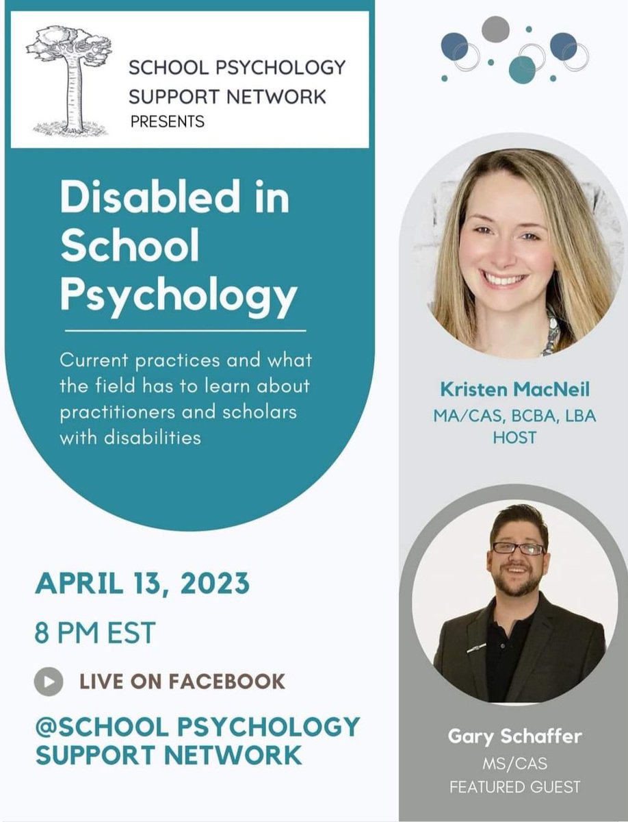 GE_Schaffer's tweet photo. Tonight at 8 pm Eastern time, we will delve into what it means to be #disabled in #schoolpsychology and uncover what we know, don't know, and how #graduateschools, #employers, and SP organaizations can help change the current narrative. https://t.co/0x2mVeEYKJ
