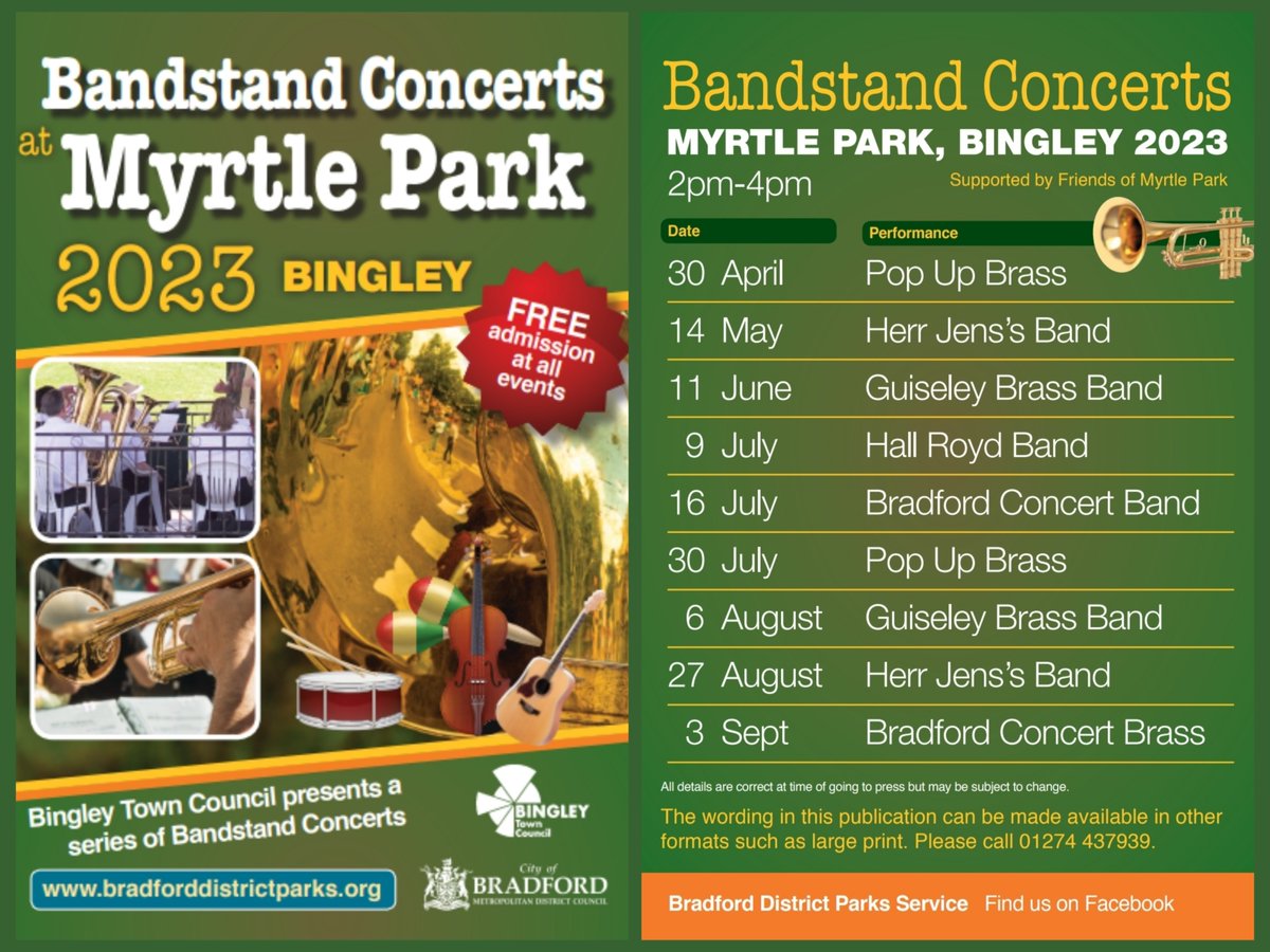 bingleycouncil's tweet photo. 🎷Bandstand Concerts at Myrtle Park🎺

Free admission for everyone to enjoy 🎼☺️

#Bingley #Bradford @bradfordmdc #Bingleycommunity #myrtlepark #bradfordparks #bandstandconcert #freeevent #bingleyevents #bradfordevents @visitBradford https://t.co/qJpJ7WOg0X