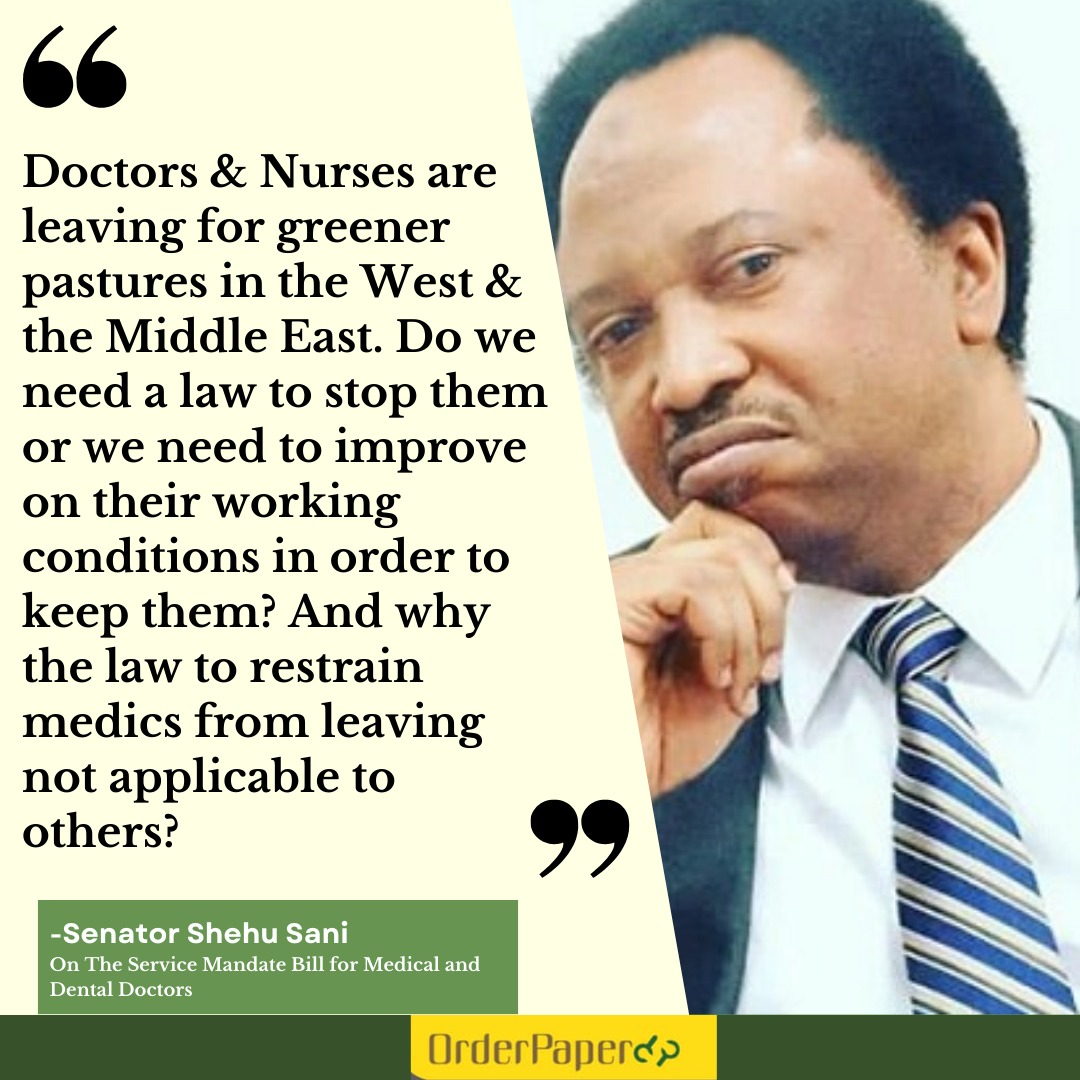 Rights Activist and Politician, Senator <a href="/ShehuSani/">Senator Shehu Sani</a>  lends voice to burning conversation on Bill seeking a 5-year mandatory service for Medical and Dental Doctors in Nigeria.

Sani represented Kaduna Central Senatorial District in the 8th <a href="/nassnigeria/">National Assembly</a>.

<a href="/NGRSenate/">The Nigerian Senate</a> <a href="/HouseNGR/">Nigeria House of Representatives</a>