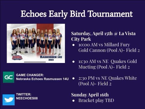 NEEchoes08's tweet photo. Echoes Early Bird this weekend at La Vista City Park!  Come check us out or catch our games live streamed on GameChanger! https://t.co/DSkTySG3mh