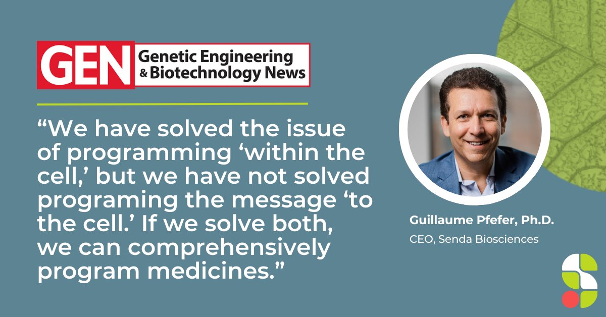 Senda Biosciences (@sendabioscience) on Twitter photo Thanks <a href="/Anjali_Sarkar/">Anjali A. Sarkar, PhD</a> for covering how we are the first to utilize our understanding of natural nanoparticles to enable programming “to the cell” and unlock the ability to comprehensively program medicines.
Read more on <a href="/GENbio/">Genetic Engineering & Biotechnology News</a>: bit.ly/3zvVKQ1 Thanks <a href="/Anjali_Sarkar/">Anjali A. Sarkar, PhD</a> for covering how we are the first to utilize our understanding of natural nanoparticles to enable programming “to the cell” and unlock the ability to comprehensively program medicines.
Read more on <a href="/GENbio/">Genetic Engineering & Biotechnology News</a>: bit.ly/3zvVKQ1