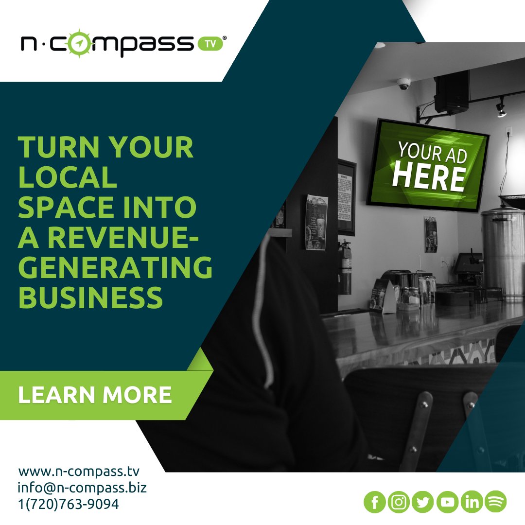 NCompassTV's tweet photo. Your local space is an untapped revenue stream. 💵

When you think about it, the space around you is a huge opportunity. 🤩

Call us today and we'll help you learn more about how this works! 📞 https://t.co/HcebDTAqNb
