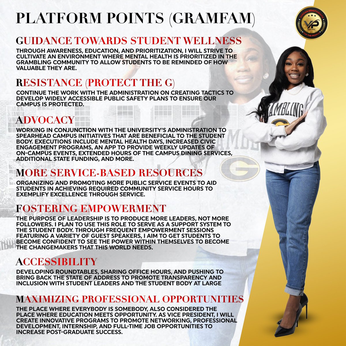 Meet me today at 5 on the Quad to ask questions about my platform for the upcoming academic year if elected to serve as your next SGA Vice President. 
-
Ballots have been sent out to your Grambling Email✨ Vote Jordan Braithwaite for your SGA Vice President. #Gramelections2k23