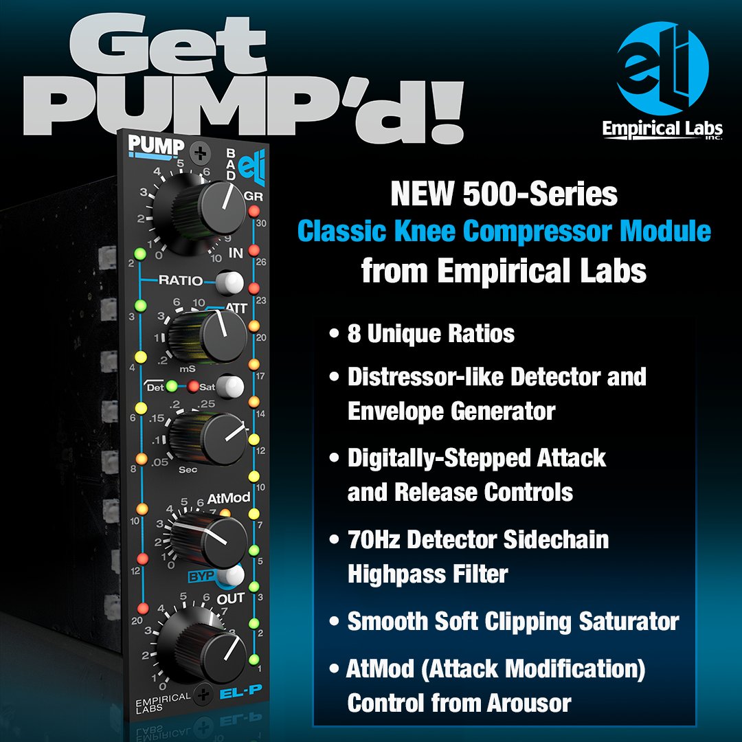 Introducing... PUMP! An all-new 500-Series Classic Knee Compressor Module with Distressor DNA!

With features taken from various Empirical Labs products, including the Distressor, Mike-E, and Arousor, this module is sure to fit right into your setup!

l8r.it/3lFF