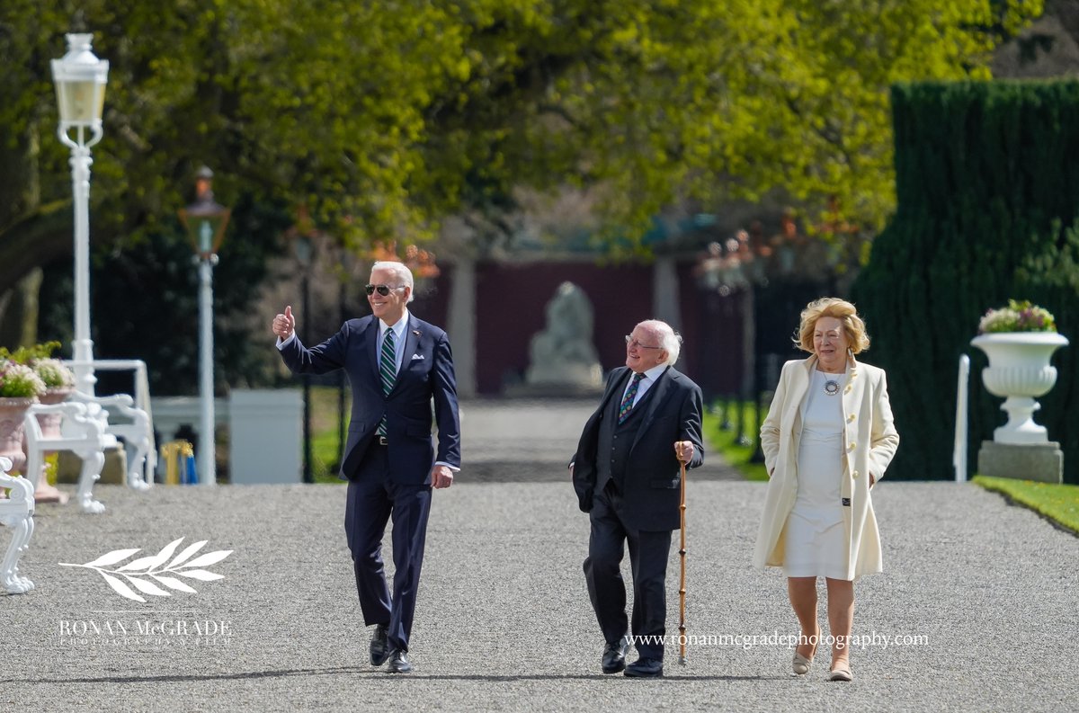 RonanMcGrade's tweet photo. President Biden @POTUS  was in relaxed mood at Aras an Uachtarain this afternoon where he met with President Higgins @PresidentIRL and his wife Sabina. After ringing the peace bell and planting an oak tree President Biden answered questions from the press. https://t.co/VbPY9eS5UC