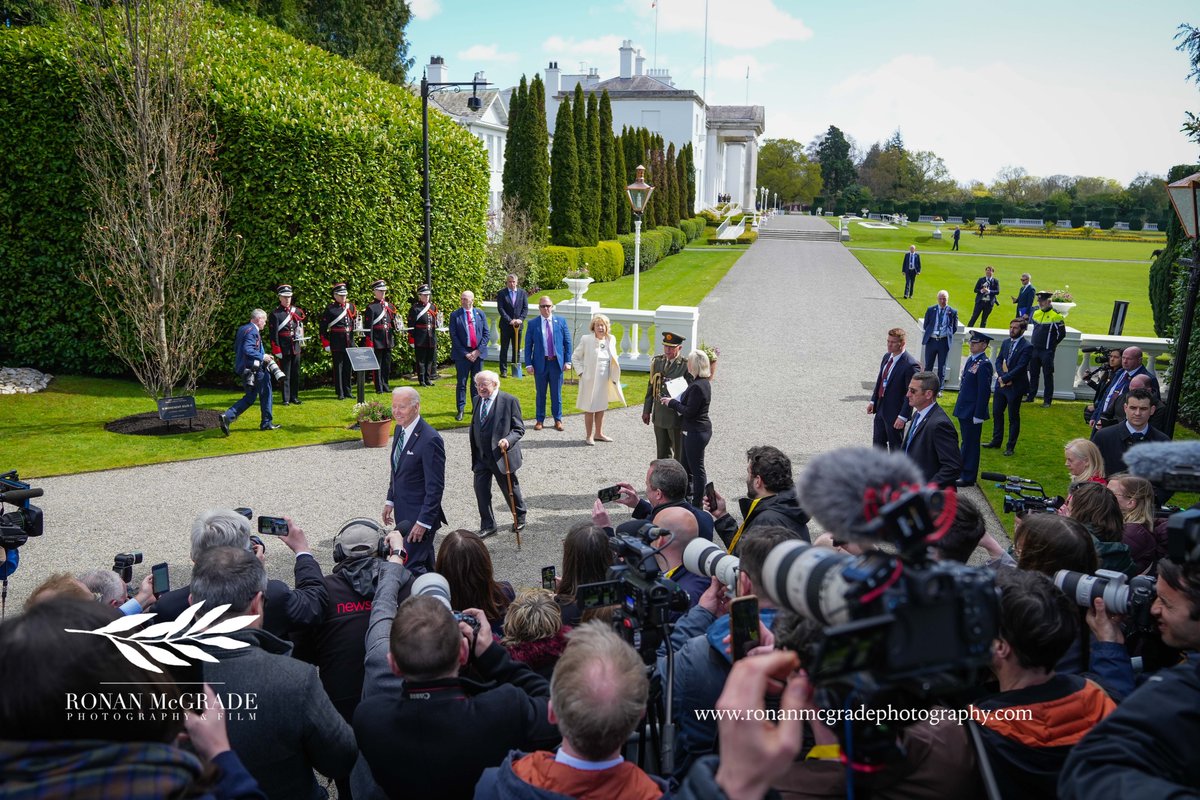 RonanMcGrade's tweet photo. President Biden @POTUS  was in relaxed mood at Aras an Uachtarain this afternoon where he met with President Higgins @PresidentIRL and his wife Sabina. After ringing the peace bell and planting an oak tree President Biden answered questions from the press. https://t.co/VbPY9eS5UC