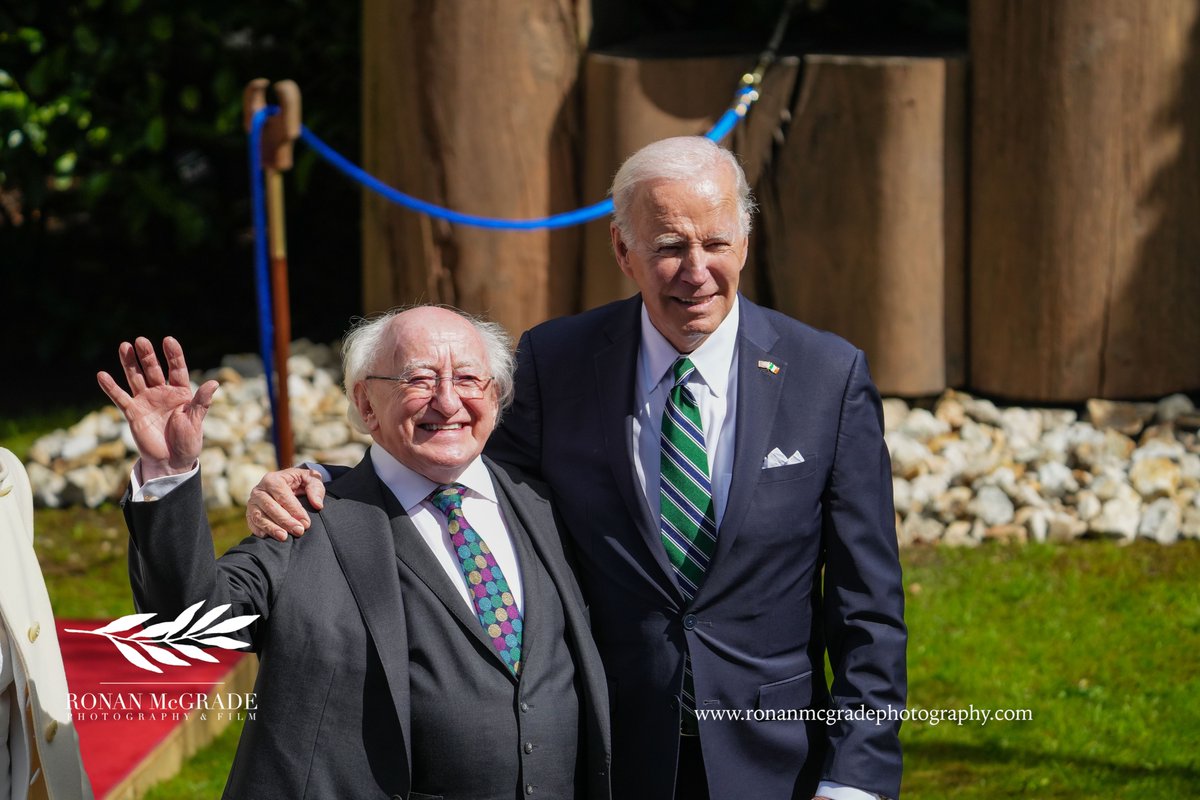 RonanMcGrade's tweet photo. President Biden @POTUS  was in relaxed mood at Aras an Uachtarain this afternoon where he met with President Higgins @PresidentIRL and his wife Sabina. After ringing the peace bell and planting an oak tree President Biden answered questions from the press. https://t.co/VbPY9eS5UC