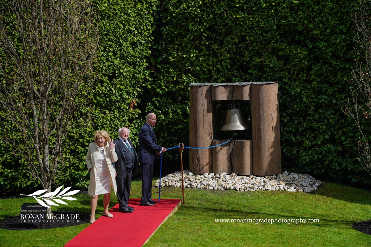 RonanMcGrade's tweet photo. President Biden @POTUS  was in relaxed mood at Aras an Uachtarain this afternoon where he met with President Higgins @PresidentIRL and his wife Sabina. After ringing the peace bell and planting an oak tree President Biden answered questions from the press. https://t.co/VbPY9eS5UC