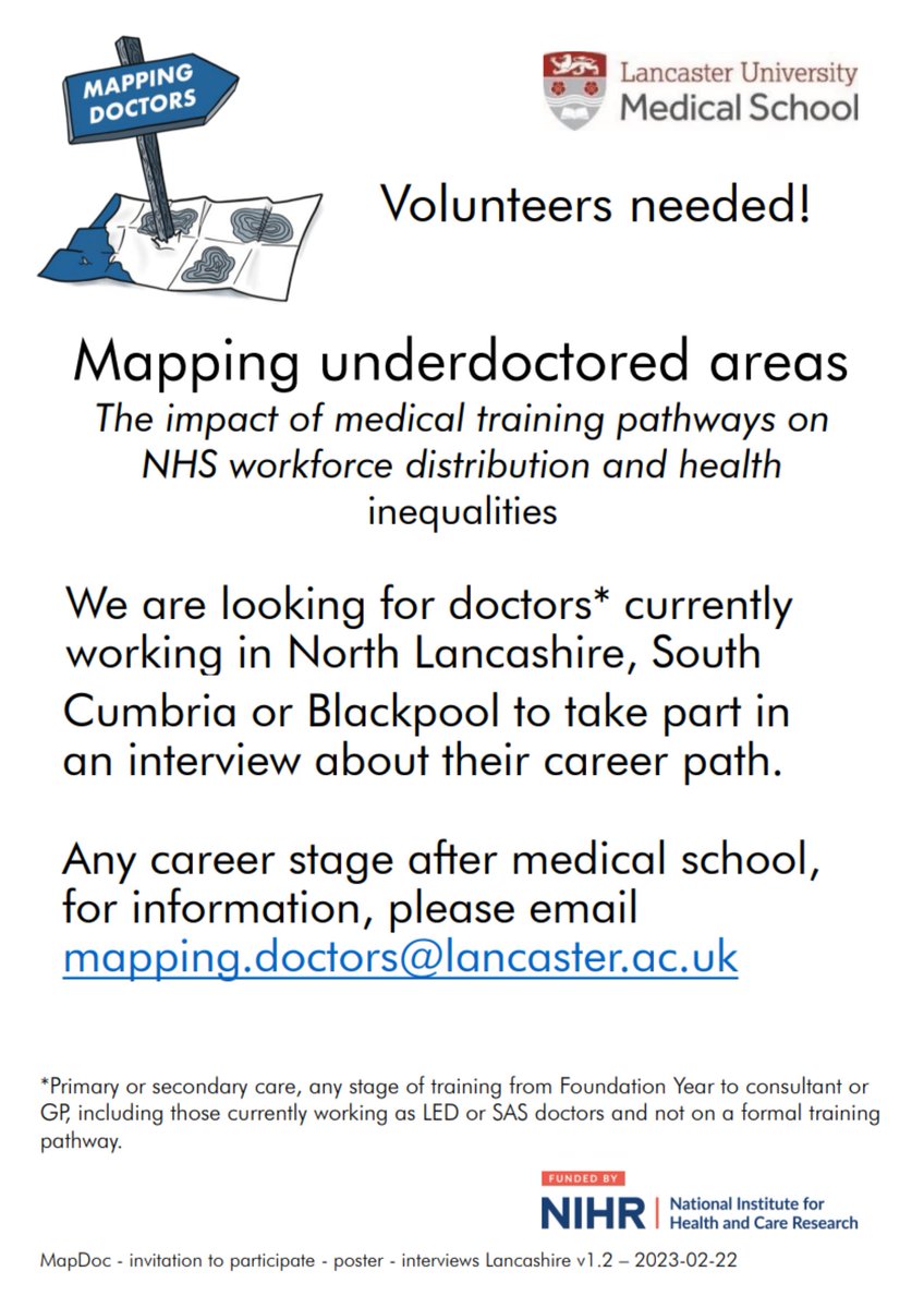 LSCFTResearch's tweet image. *NEW RESEARCH with Doctors*

Interviews with Doctors to understand  their career paths - volunteers needed!

Email : mapping.doctors@lancaster.ac.uk

#GetTheResearchBug