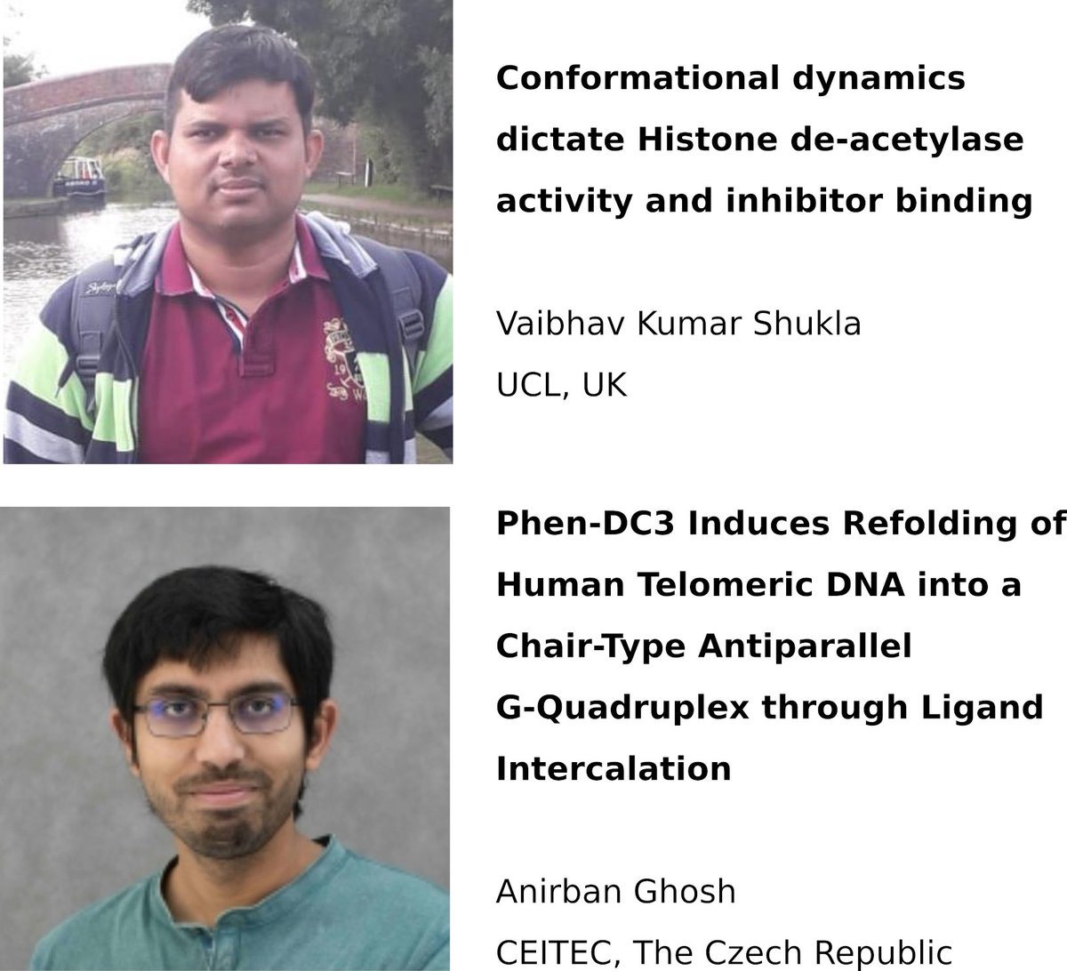 🔔ICMRBS-ECR webinar🔔

Delighted to announce <a href="/bhu_vaibhav/">vaibhav shukla</a> and <a href="/Ghosh_Ani_chem/">Anirban Ghosh</a> are our speakers for **Next Tuesday's** seminar.

1400 UTC (1600 CEST, 1500 BST, 1000 EDT, 1930 IST)

#nmrChat #dynamics #DNA 
#exciting :P

Abstracts can be found here: icmrbs-ecr.org