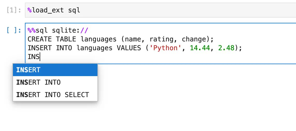 ploomber's tweet photo. Use #SQL keyword autocompletion in your #Jupyter notebooks with #JupySQL! ๐
Simply press tab while typing to get suggestions!
Give it a try and share your feedback with us on Slack! Install JupySQL now:
https://t.co/IZM49F7TxR
#Autocompletion #SQL #NewFeature https://t.co/URxXMHoghs