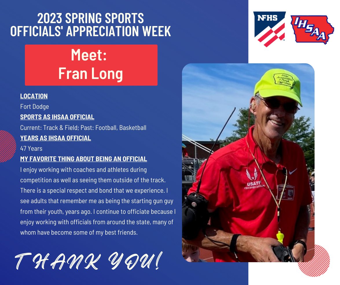 Thanks to Fran Long from Fort Dodge for his 47 years of service to Iowa high school sports! His dedication to #iahstrk stands out for <a href="/NFHS_Org/">NFHS</a> Spring Officials' Appreciation Week.