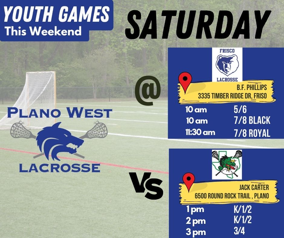 Our youth lacrosse teams are gearing up for some exciting games this Saturday! Our 5/6 &amp; 7/8 will be taking on Frisco, while our K/1/2 &amp; 3/4 will be facing off against Southlake. Let's make some noise and show everyone what it means to be part of the PW Wolfpack!