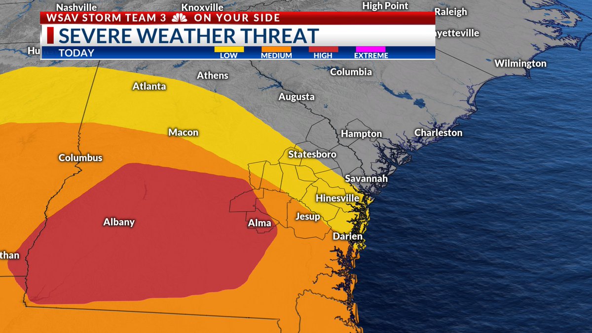 SaraTonksWX's tweet photo. The severe weather threat for today has been upgraded to High ("Enhanced" on the SPC scale).

Have a severe weather plan in place for this evening.

@WSAVKrisA @WSAVAlysaC @WSAVScottR https://t.co/fbbEuQtK2A