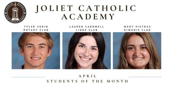 JCAonline's tweet photo. Joliet Catholic Academy President/Principal Dr. Jeffrey Budz is pleased to announce the April Students of the Month: Mary Pietras (Kiwanis Club), Tyler Surin (Rotary Club) and Lauren Cardwell (Lions Club).  

Read more>>>https://t.co/wguLzgPfPe https://t.co/HDtbFwnHA1