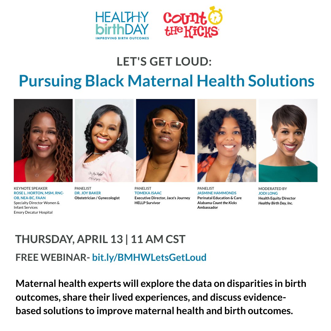 Healthy_Birth's tweet image. We can't wait to see you TODAY at 11 a.m. CDT for Healthy Birth Day, Inc.'s "Let's Get Loud: Pursuing Black Maternal Health Solutions" webinar. Join us for this important discussion. Register now: bit.ly/BMHWLetsGetLoud. #BMHW23