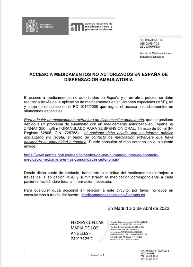 ceciliamfll's tweet photo. Por si fuera de vuestro interés @aepap @seipweb @TSEUP @MIRSEUP , para difusión, disponibilidad de Zinnat 25 mg/ml granulado para susp. oral (70ml), vía medicamentos extranjeros. https://t.co/3IJiliKjNc
