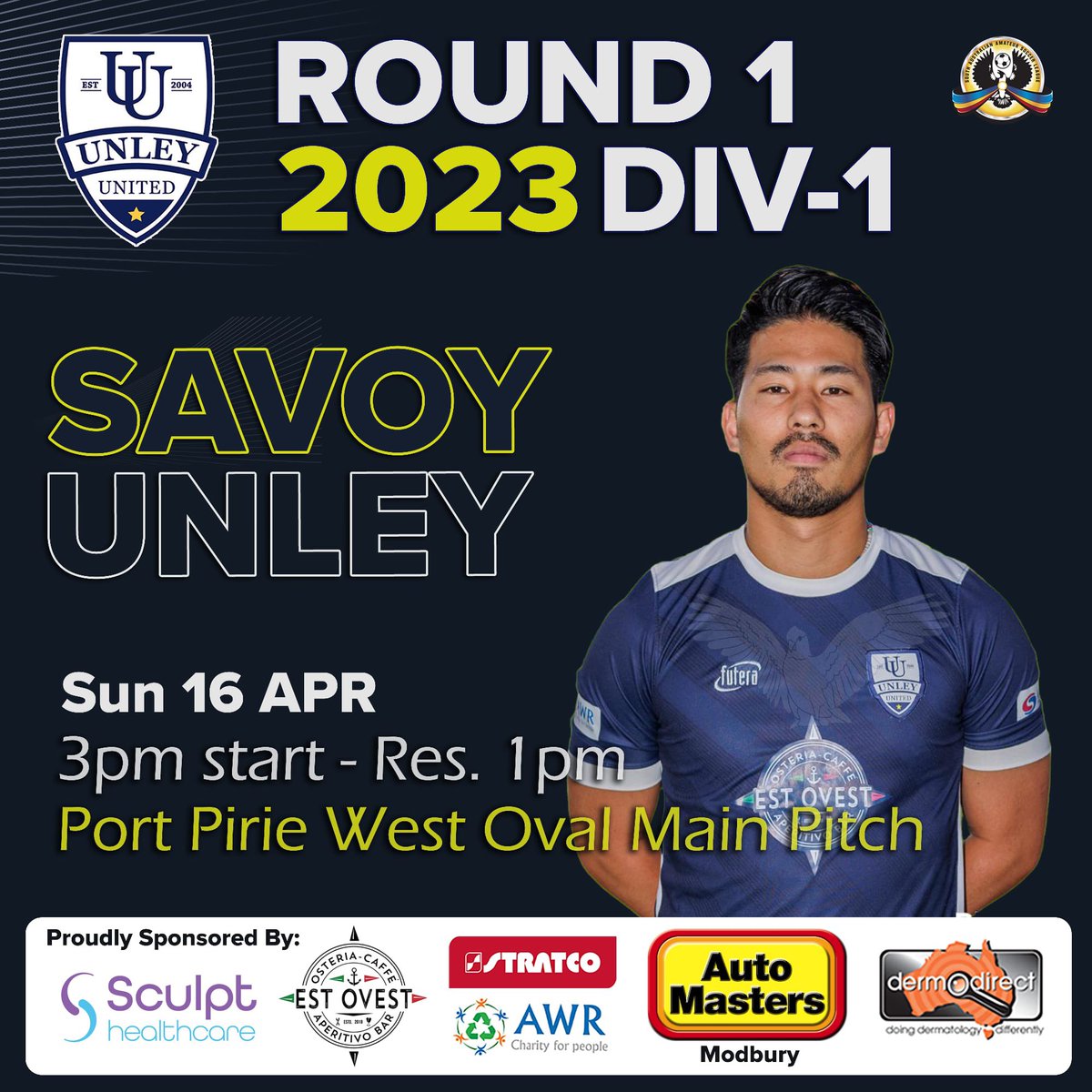UnleyUnited's tweet photo. The first round of Sunday Premier for 2023 comes this weekend! Our two teams will be playing away against Savoy FC this Sunday (16 April)

First team kick off at 3pm
Reserves kick off at 1pm 

Location: Port Pirie West Oval Main Pitch 

Proudly Sponsored by

Est Ovest https://t.co/mHO7omU43F