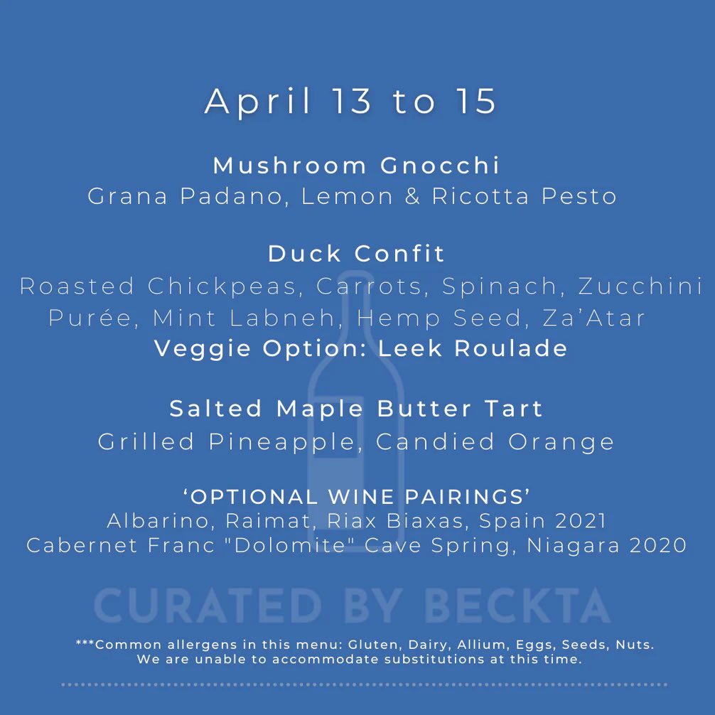 This week’s Featured Menu is sure to satiate ANY appetite! 

2-course meal starts at $42.
3-course meal starts at $50.
Dinner for Two Food &amp; Wine Package is $160+HST.

Available today through Saturday this week!