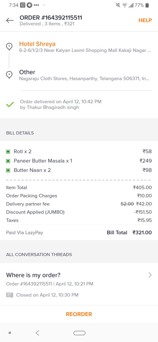 DReclaimation's tweet photo. @SwiggyCares order food last night got rotten paneer curry for the first time ever and the naans were burnt.
Raised complaints no response whatsoever https://t.co/GJQhviNKx5