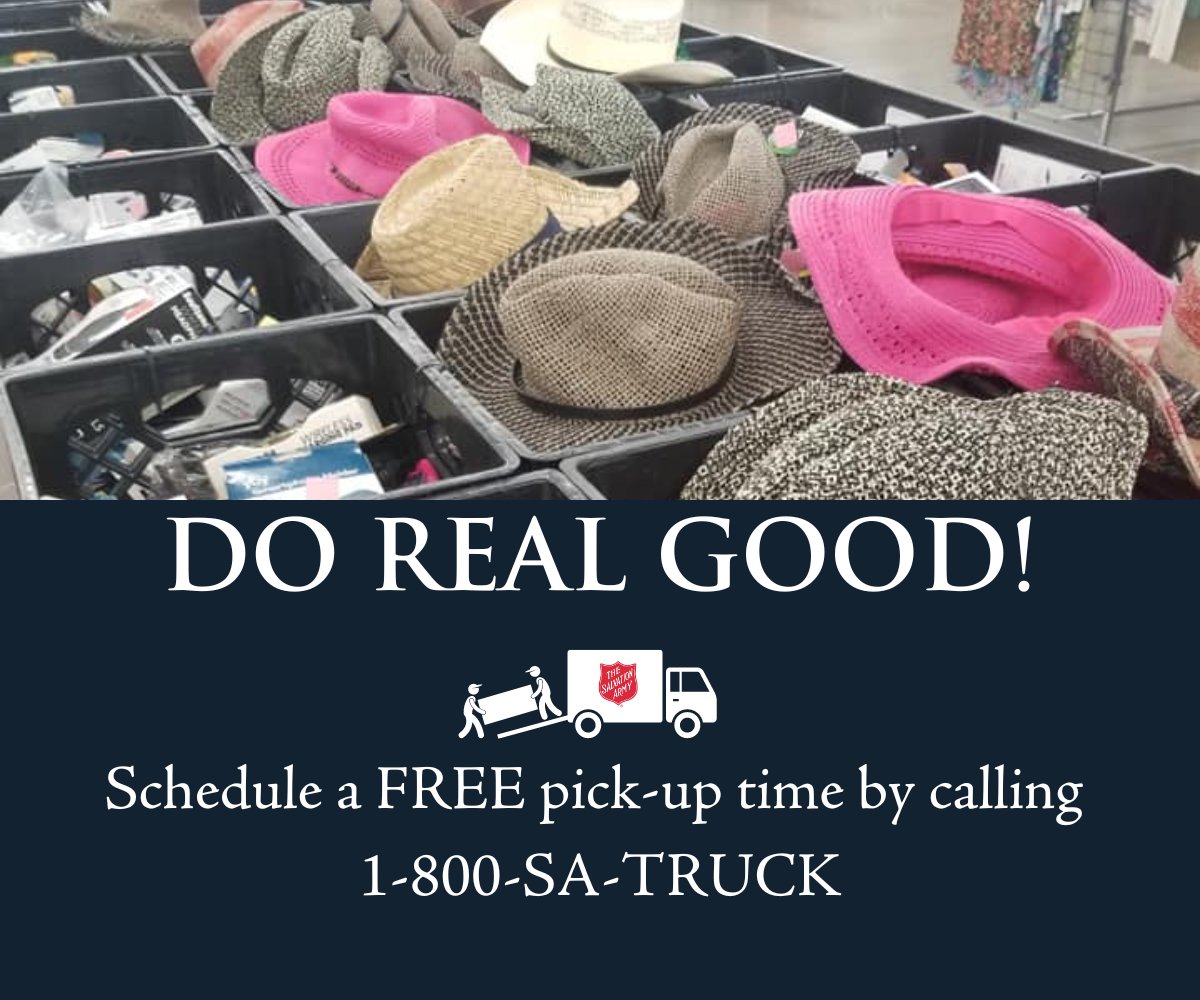 salarmyomaha's tweet photo. Do real good when you donate your gently used items to The Salvation Army. Call 1-800-SA-TRUCK today to schedule a FREE pick-up of gently used clothing, furniture, or other household items. Donate now and help those in need find support, hope, and a second chance. #DoRealGood https://t.co/lpfcmf05sW