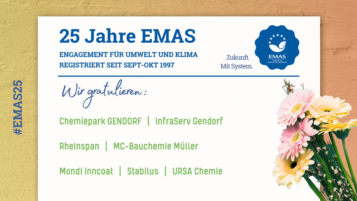 EMAS_Germany's tweet photo. 💐Aufgrund eines längeren Ausfalls des EMAS-Registers gratulieren wir nachträglich allen zum langjährigen Engagement für Klima und Umwelt und 25 Jahren EMAS!  #EMAS25
🦸   Webinar zur Aktion #EMAShero am 19. April
🏆  #UMPreis Bewerbung bis zum 7. Juli

@mondigroup https://t.co/cB6GiJ4ZXY