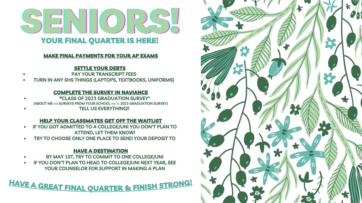 SharonGuidance's tweet photo. ATTN SENIORS: your final quarter is here! https://t.co/q1lYSiouiL