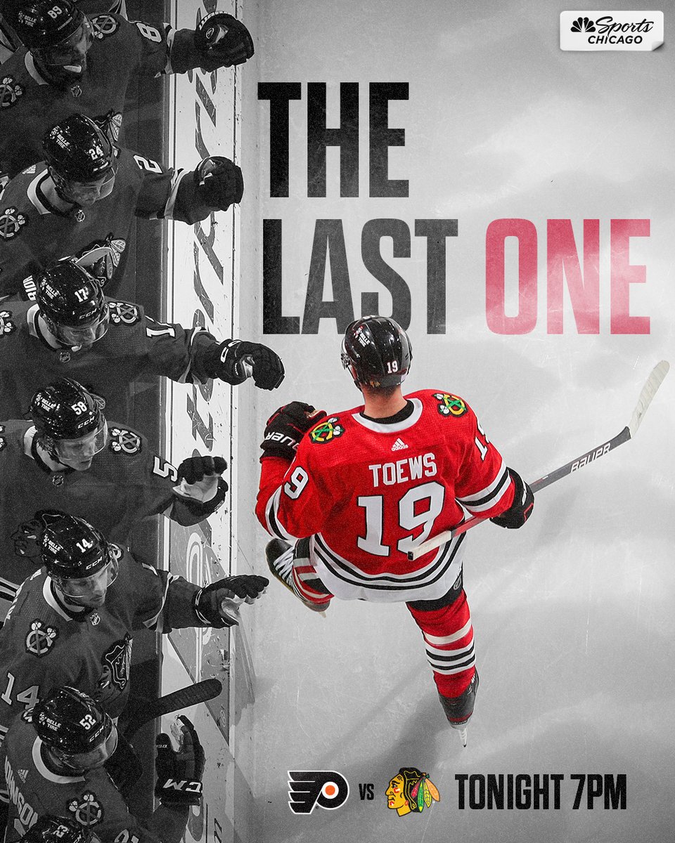 Jonathan Toews last game as a
Blackhawk... Don't miss it.

Coverage begins at 7 pm CT on NBC Sports Chicago.