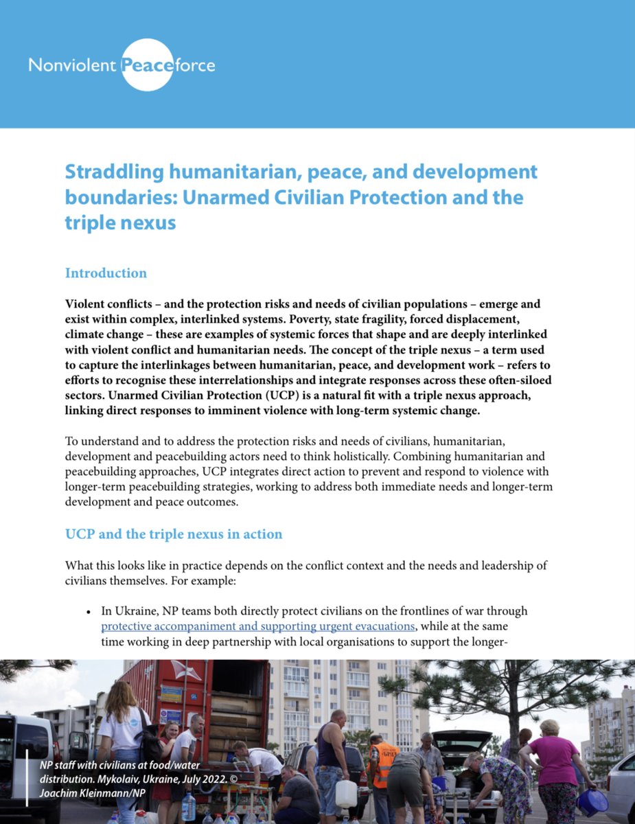 🚨🆕 Brief out now ➡️ Straddling #Humanitarian, #Peace, and #Development Boundaries: Unarmed Civilian Protection and the #TripleNexus

Read it ➡️ bit.ly/3UAlmoK