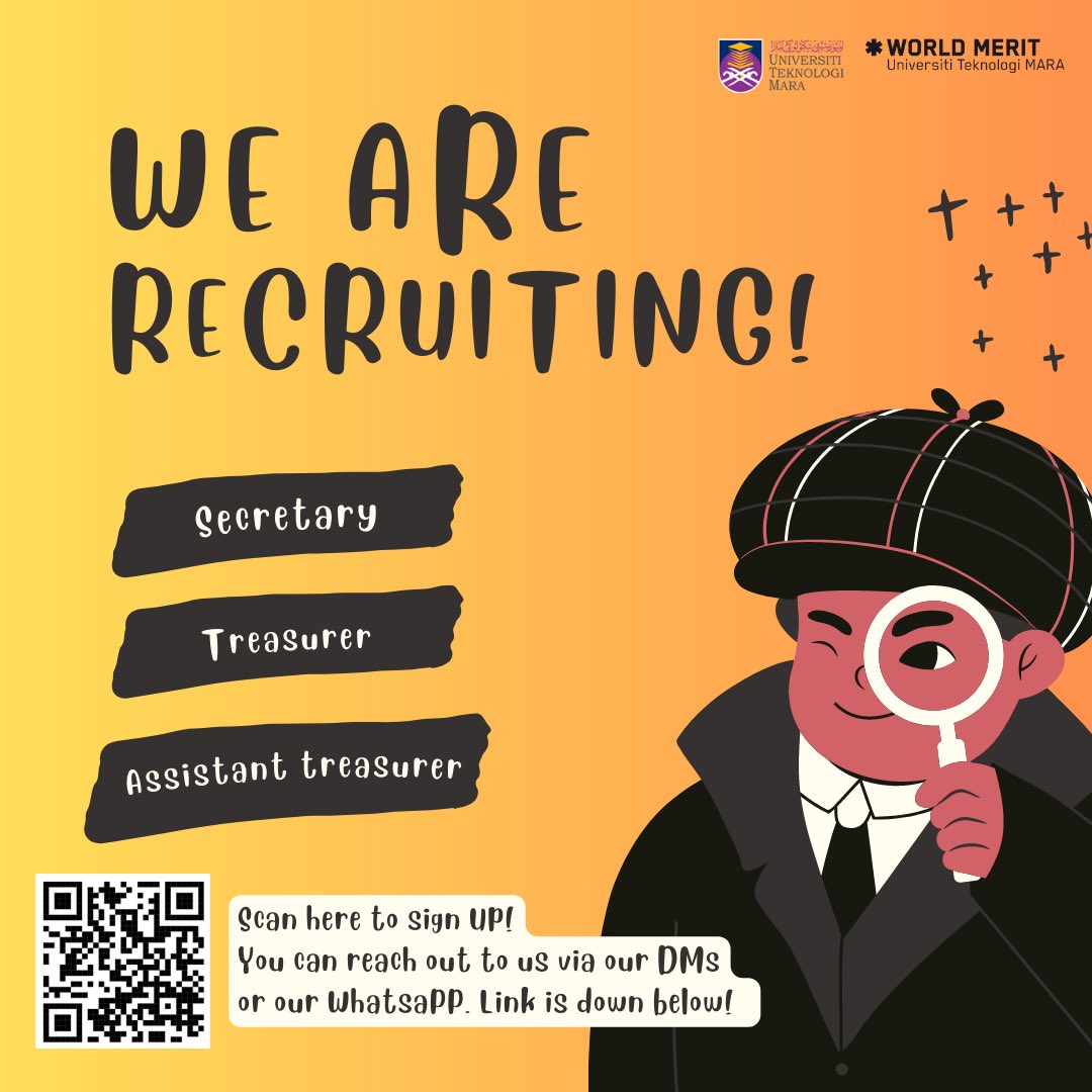 WorldMeritUiTM's tweet photo. We are pleased to inform you that World Merit UiTM Shah Alam will be recruiting new committee members for the 2023/2024 sessions!
Join us and see what we're all about!
#WorldMeritUiTM #worldmerituitmshahalam #joinus https://t.co/RqmoHukVcC