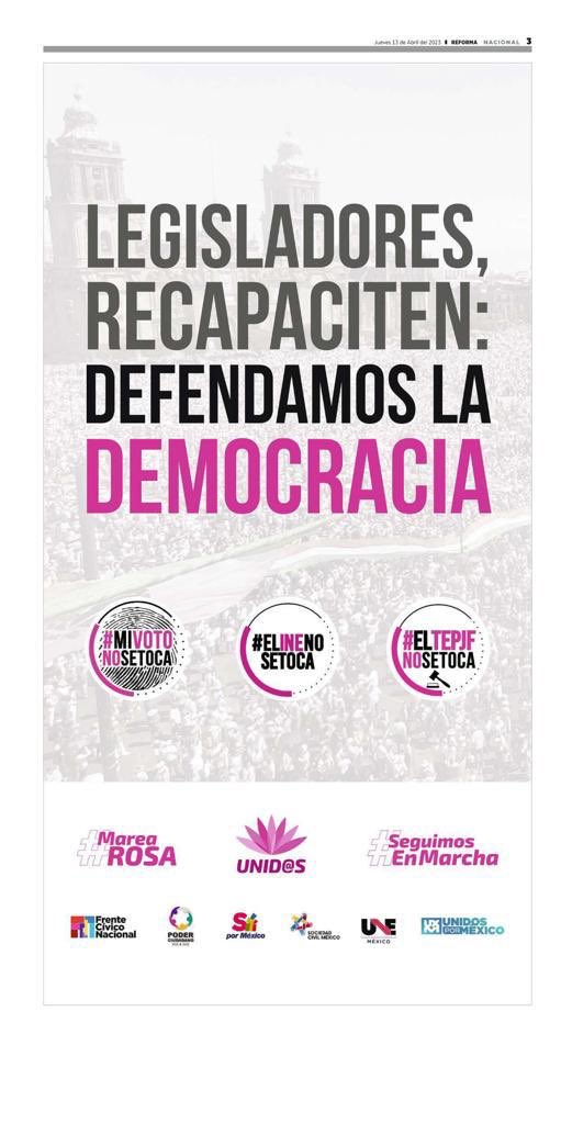 SocCivilMx's tweet photo. Nuestro desplegado hoy en @Reforma 

#ElTEPJFNoSeToca

Por favor comenta y comparte este mensaje.

NO ENTIENDEN QUE NO ENTIENDEN.

#ElINENoSeToca, ni el Tribunal tampoco.

#MoratoriaConstitucional 

R E C A P A C I T E N

Por favor comenta y comparte este mensaje.

Somos #MareaRosa 

Cc: @MarkoCortes @Jesus_ZambranoG @alitomorenoc 

PAN:
@JorgeEspadasMX 
@eLiasLixa 
@joannaftorres 
@anuarazar 
@RamonZavalaO 
@Tigre_Aguilar_C 
@storreblancae 
@JTrianaT 

PRI:
@MarcoMendoza_B 
@LauHaro 
@cynthialopezc1
@carlosiriarte_ 
@lorenapignon_ 
@YOSOYHIRAM4 

PRD:
@JVelazquezPRD