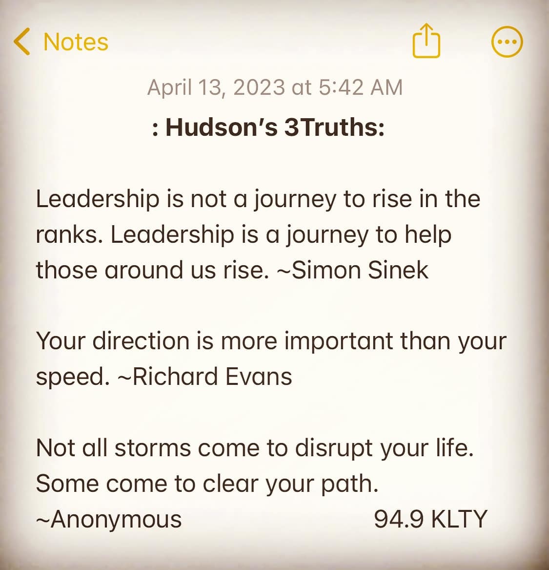 949KLTY's tweet photo. #3Truths from @HudsonIsHere on your Thursday! 😎 Tune into @KltyMornings on 94.9 #KLTY for more #inspiration ➡️ https://t.co/V2qPkN5DDg 👍 #helpothersrise #leaderslead #directyourself #stormscanbegood https://t.co/XBILYpIyGp
