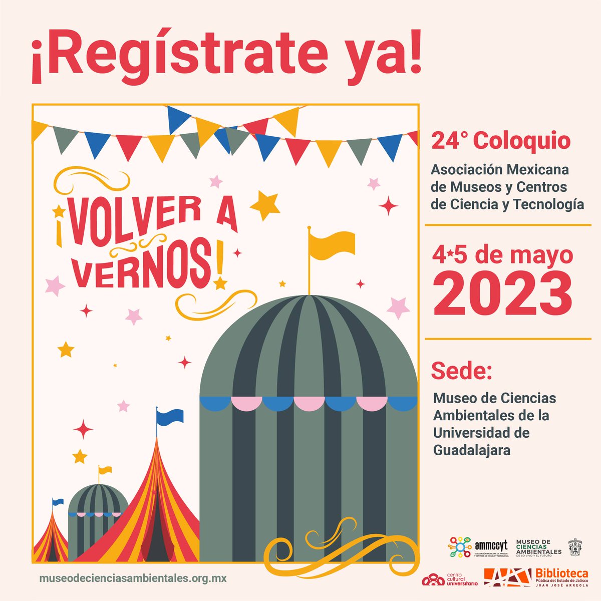 ¡Nos emociona mucho volver a vernos!🎉
Regístrate ya y no te pierdas lo que la Asociación Mexicana de Museos y Centros de Ciencia y Tecnología y el Museo de Ciencias Ambientales tiene para ti en este 24º Coloquio 🤩

👉…o24.museodecienciasambientales.org.mx/registro