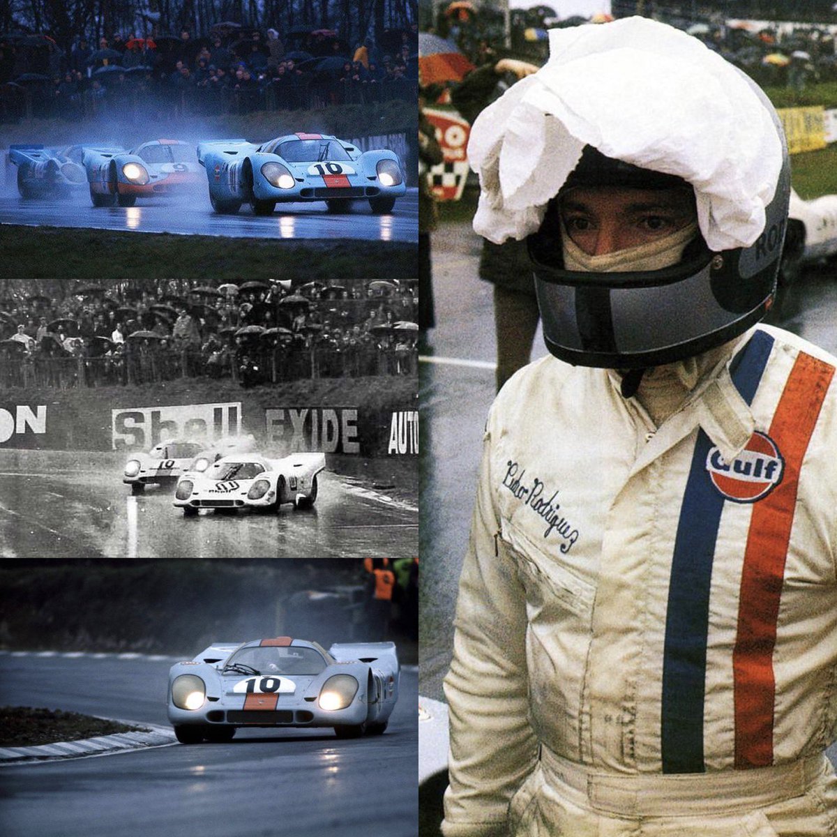 iCarlosRuano's tweet photo. Un día como hoy, hace poco más de medio siglo, el mexicano Pedro Rodríguez de la Vega, realizó una de sus más grandes hazañas al triunfar en los 1000KM de Brands Hatch con el equipo Gulf, al volante del Porsche 917K, bajo una impresionante tormenta. https://t.co/LK8aFTbLdq