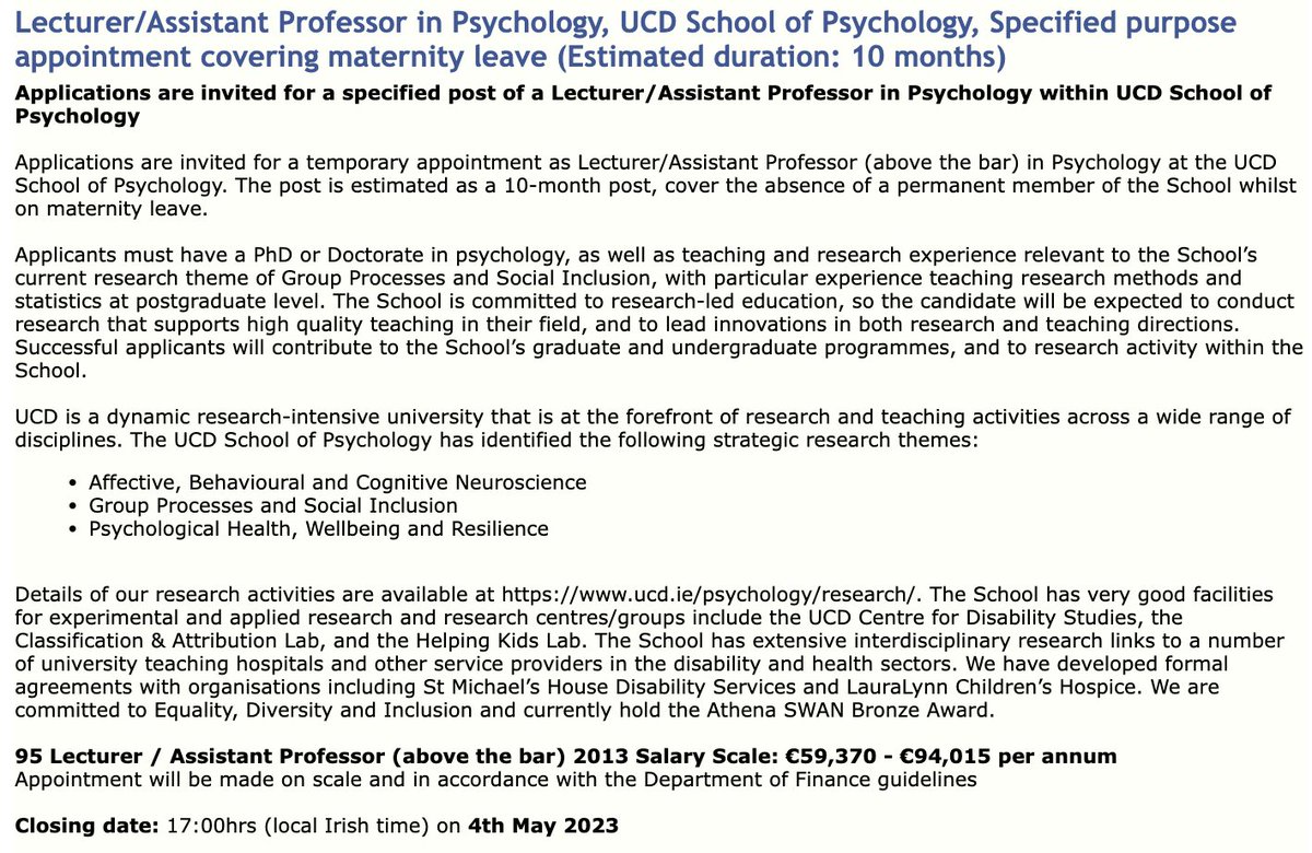 We are hiring! We are currently welcoming applications for a one 10-month temp lecturer/assistant prof. post, with experience teaching #researchmethods. 
Deadline for submissions is 5pm on 4th May!
More to come so #Watchthisspace #jobfairy 
Please RT!