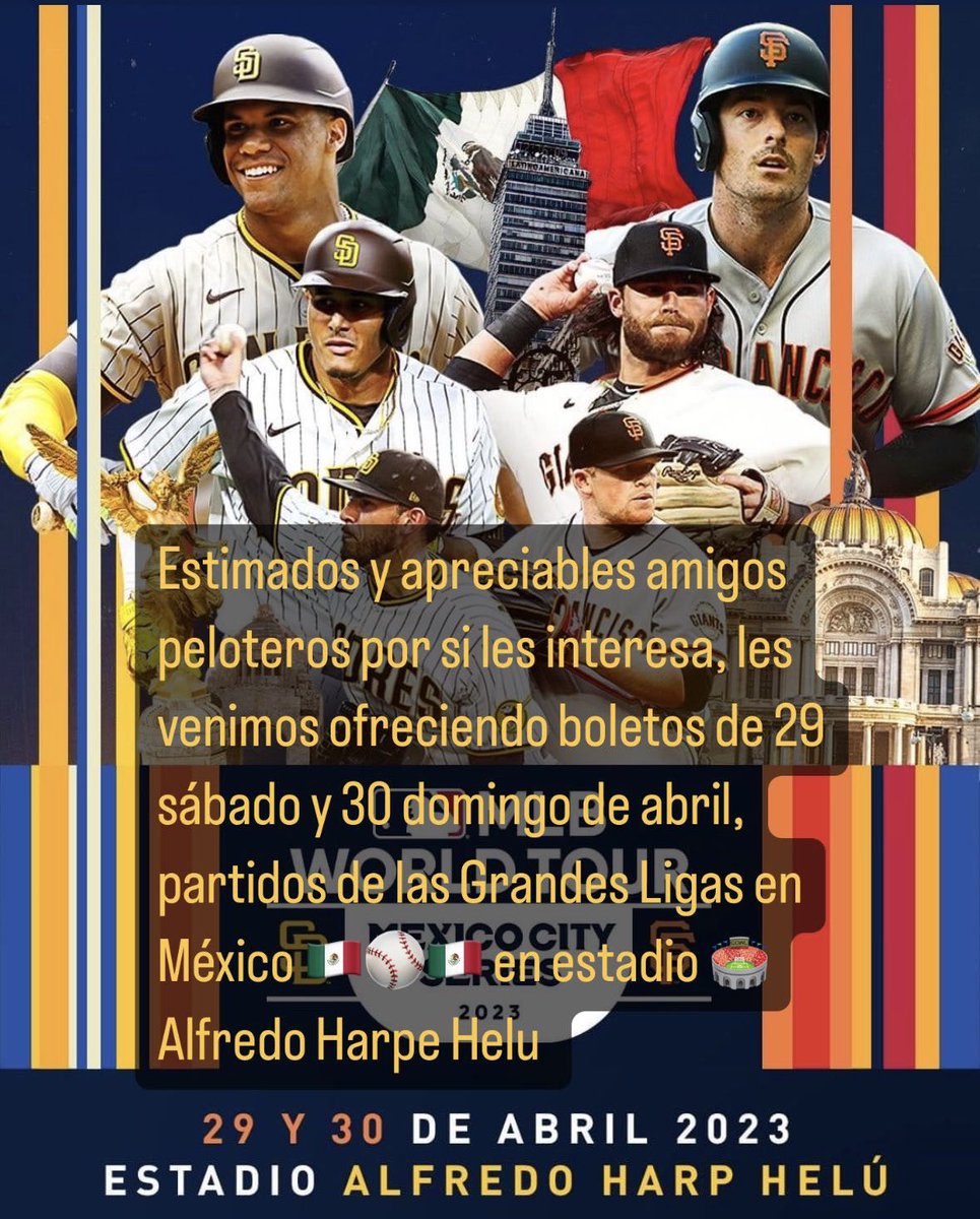 InvestJmd's tweet photo. Estimados y apreciables amigos peloteros por si les interesa, les venimos ofreciendo boletos de 29 sábado y 30 domingo de abril, partidos de las Grandes Ligas en México 🇲🇽⚾🇲🇽 en estadio 🏟️ Alfredo Harpe Helu https://t.co/XWIWEPUqRN