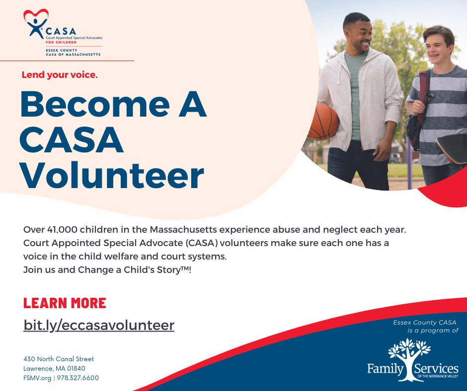FamServicesMV's tweet photo. Become an Essex County CASA volunteer! Court Appointed Special Advocates (CASA) speak for the best interests of children who have experienced abuse or neglect. Learn more on our website: https://t.co/c9WwIW68bO https://t.co/9Co8KhbEpj