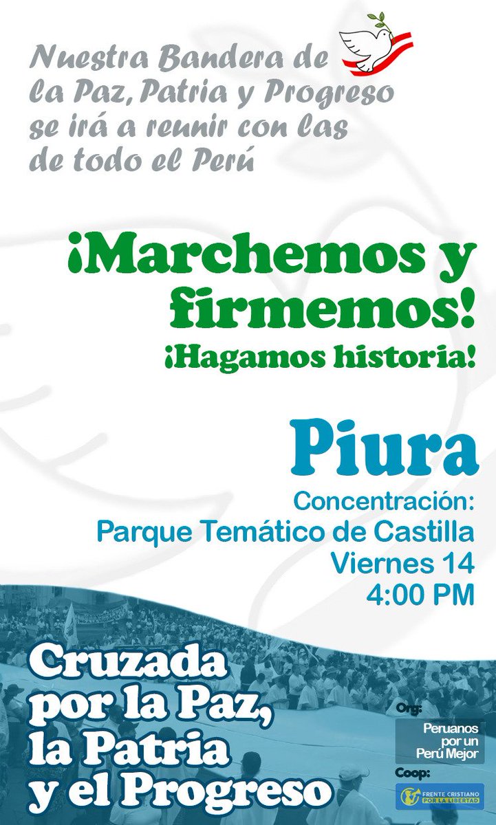 Piura sufrió por las protestas violentas, luego por un desastre natural; nuestra total solidaridad y apoyo, pues hoy más que nunca necesitan fortaleza.
Ellos ya lo hicieron y este viernes volverán a marchar por la Paz, pidiendo una Patria unida y en Progreso.
¡Fuerza Piura!