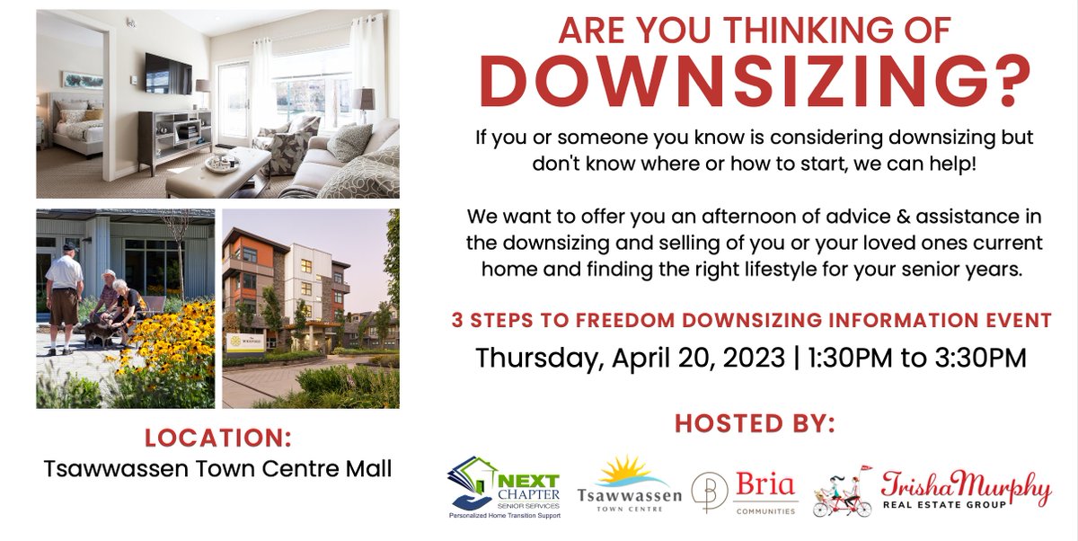 Do you have downsizing dread? Take advantage of the free Three Steps to Freedom downsizing event next Thursday at Tsawwassen Town Centre Mall. We'll be there with other local experts to offer insight and advice and decrease your dread! bria.im/3steps