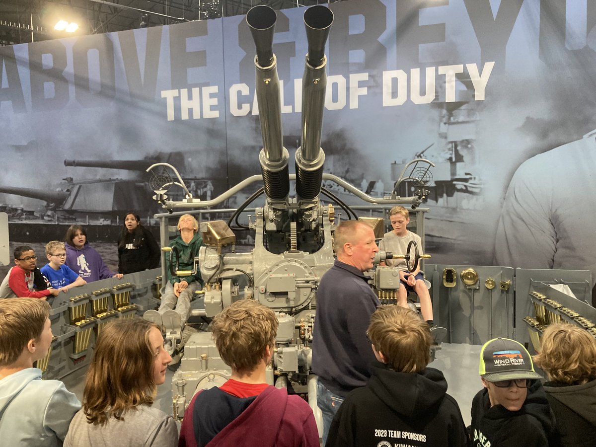 LMS_AP22's tweet photo. LMS 6th graders visited with museum curator Rae Whitley of the Dubois Museum of Military Vehicles about the United States' involvement in World War II.  Our students loved their professional exhibit displays and incredible war stories of bravery and sacrifice! https://t.co/BcvPZB1OHA