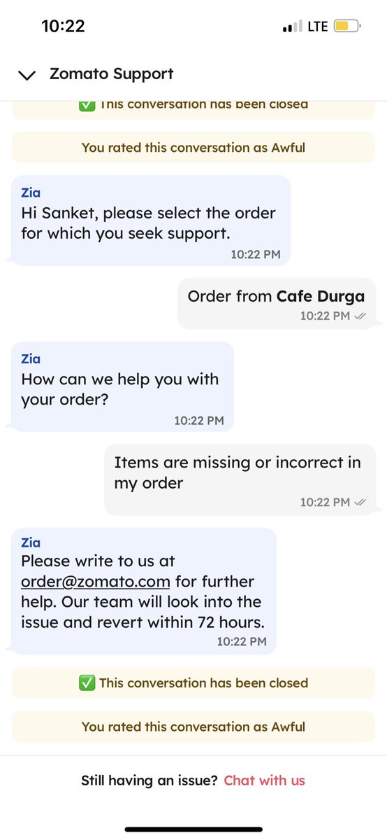 SanketRajole's tweet photo. @zomatocare @zomato Completely worst customer care where we cannot connect to an associate. Why ? Don’t we need to share our problems. I nees immediate action over this as I got food which is spoilt!!! https://t.co/0aYTpxP9Tt