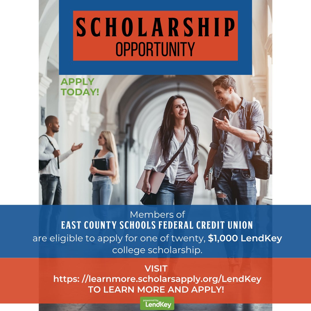 ECSFCU's tweet photo. We're thrilled to announce our partner @LendKey will begin accepting scholarship applications, May 1st, 2023! Check
https://t.co/m0PTZ4RXLG, to learn more about how to enter.
#ECS #eastcountyschoolsfcu #eastcountyschools #savemoney #creditunion #scholarship #lendkey https://t.co/pLswVscM0x