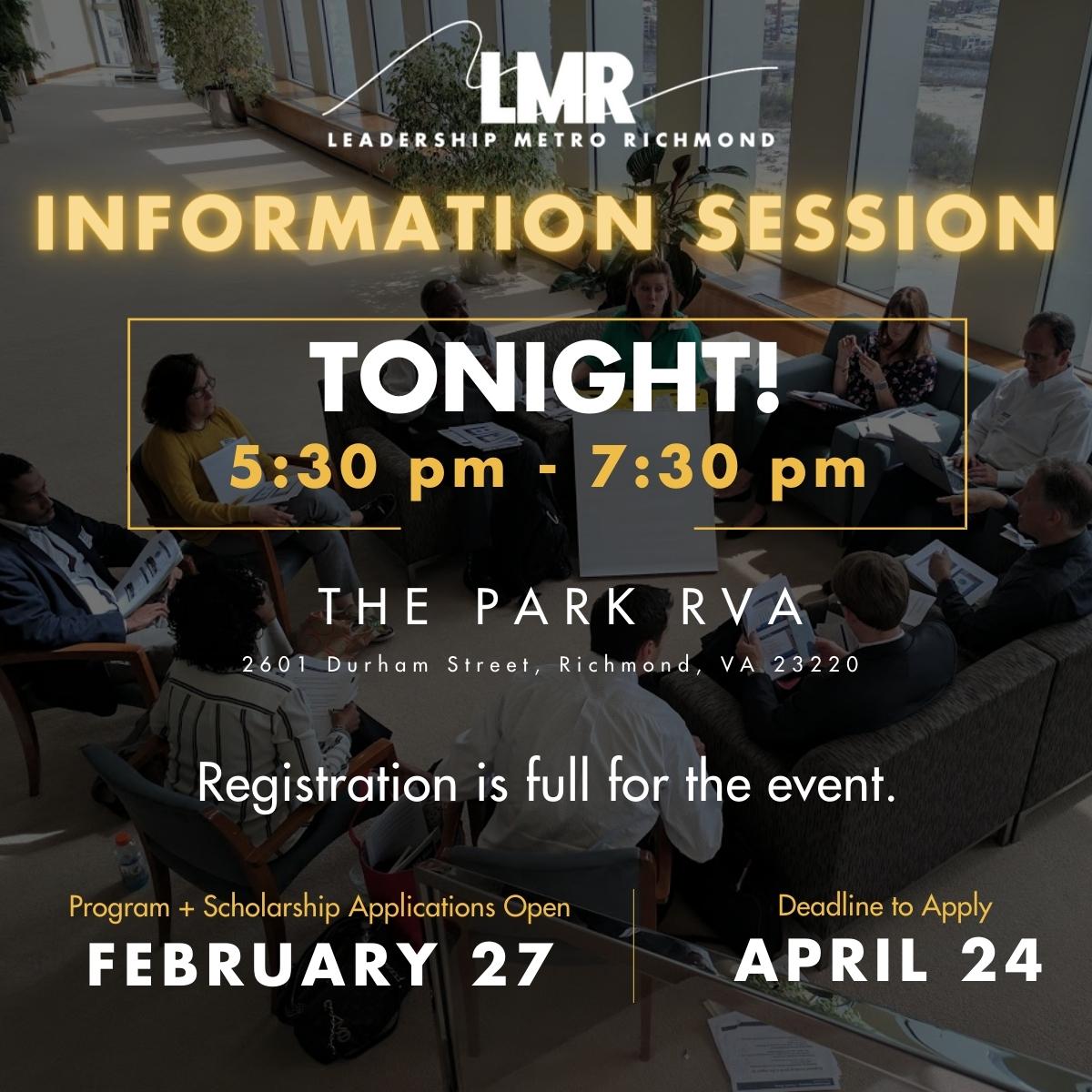 Registration is full for the final LMR Leadership Quest Information Session.

We will see you at The Park RVA from 5:30 - 7:30 pm tonight! Learn more about the program and complete your online application by Monday, April 24, at 11:59 pm, at lmronline.org/leadership-que…